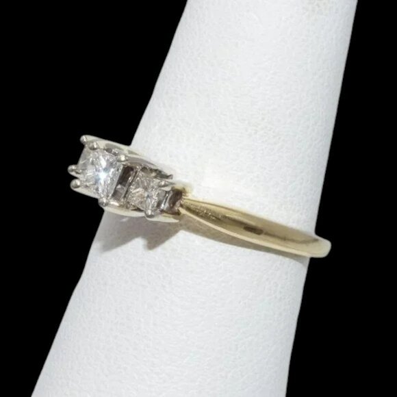 Princess Cut Diamond Trilogy Two Tone 14K Gold Ring Yellow & White Gold - Picture 3 of 9